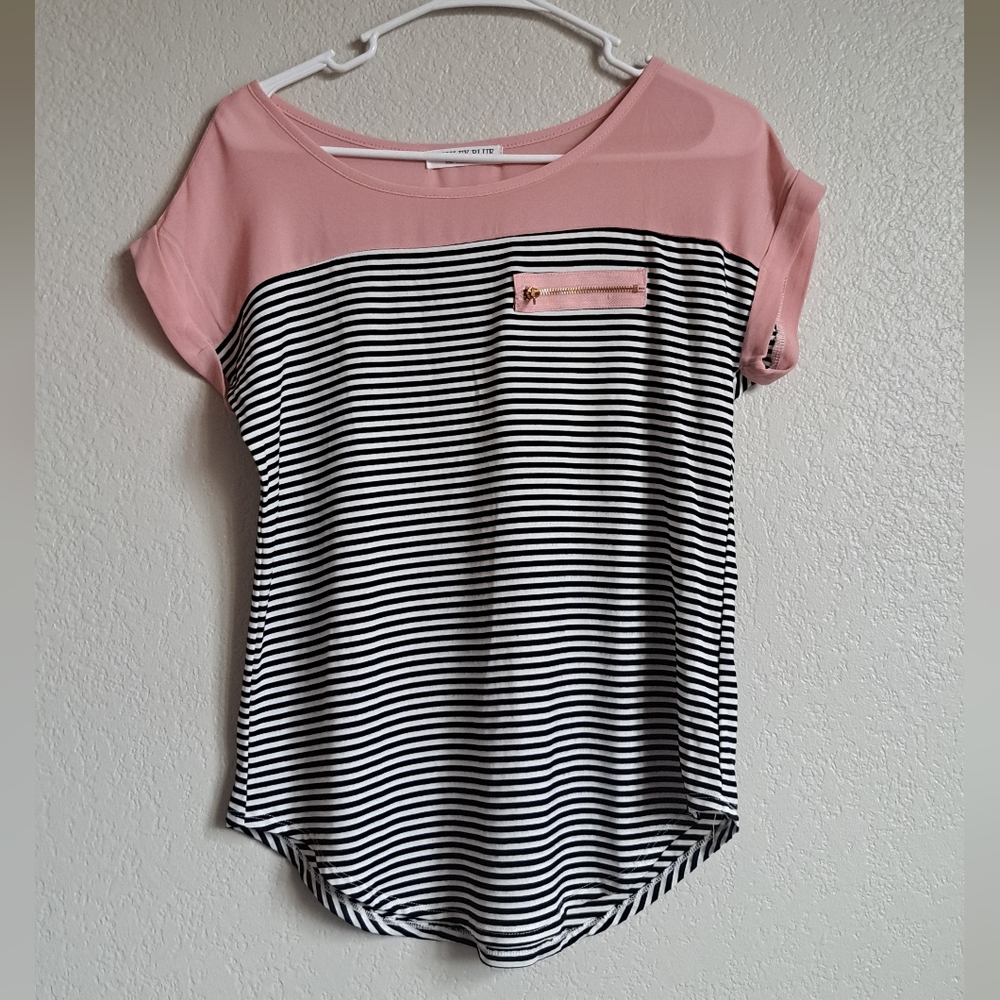 Ashley Blue Pink Black White Striped Tee